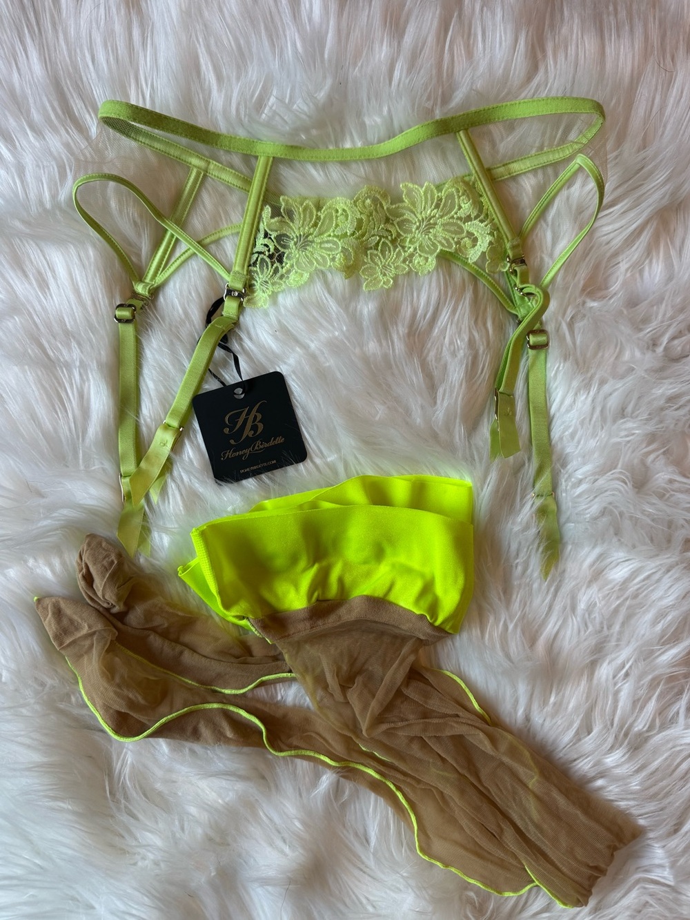 Honey Birdette Amelie Lime Suspender and Stalkings